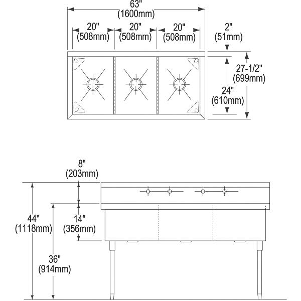 Elkay WNSF83604 Weldbilt® Stainless Steel 63" x 27-1/2" x 14" Floor Mount Triple Compartment Scullery Sink
