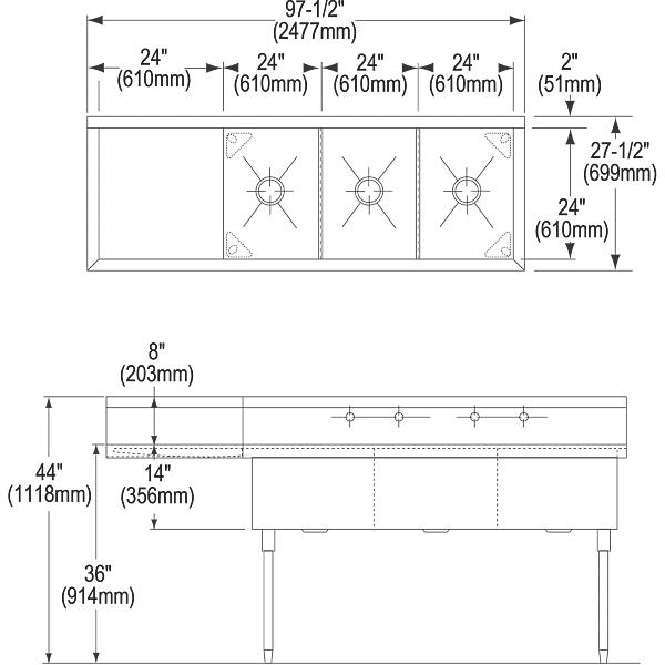 Elkay WNSF8372L4 Weldbilt® Stainless Steel 97-1/2" x 27-1/2" x 14" Floor Mount Triple Compartment Scullery Sink