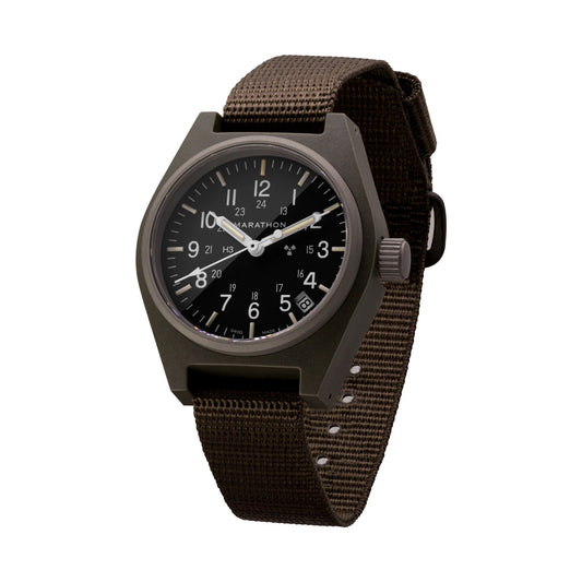 Marathon WW194015SG-0103 Sage Green General Purpose Quartz with Date (GPQ) - 34mm with Desert Tan Ballistic Nylon Strap