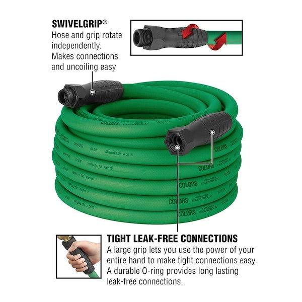 Colors HFZC575GRS-E SwivelGrip® Garden Hose, 5/8" x 75', 3/4" - 11 1/2 GHT Fittings, Forest Green
