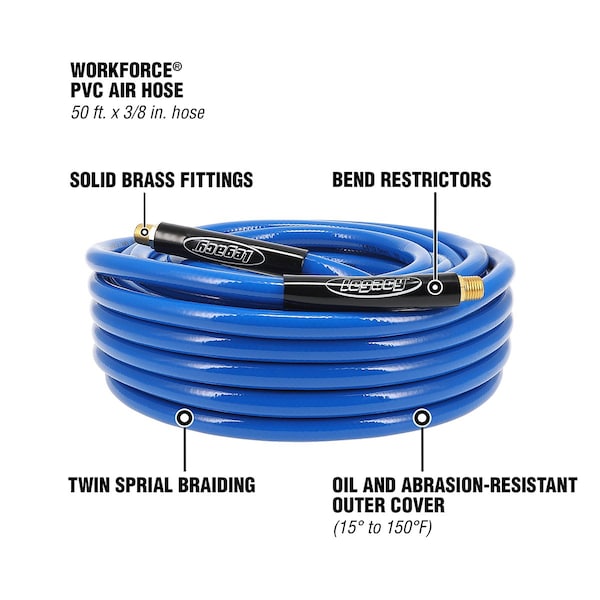 Workforce HWF3850BL2 Air Hose, 3/8" x 50', 1/4" NPT Fittings, Blue, PVC
