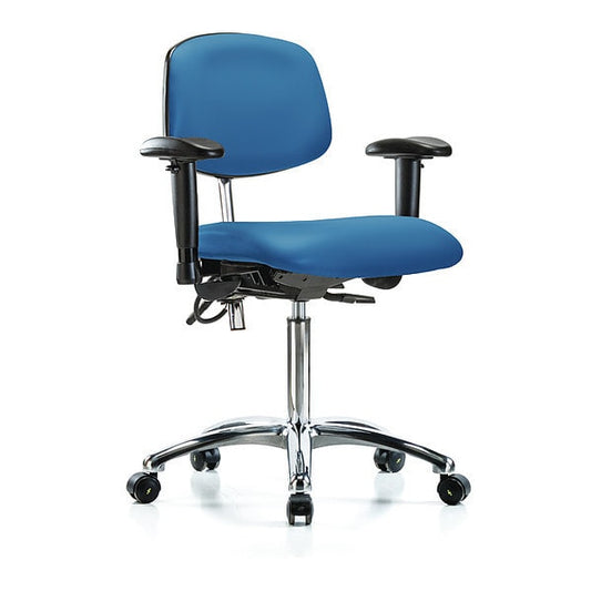 Blue Ridge Ergonomics NECR-MBCH-CR-T0-A1-NF-EC-ESDBLU Class 100 Vinyl Clean Room/ESD Chair - Medium Bench Height with Adjustable Arms & ESD Casters in Blue ESD Vinyl