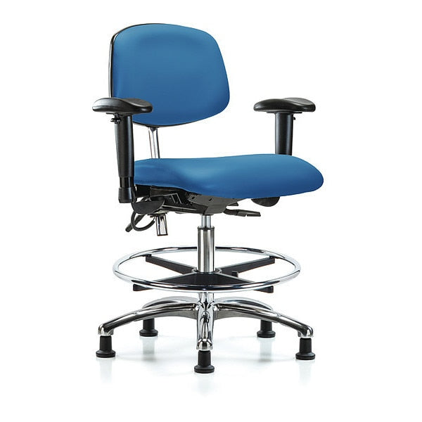 Blue Ridge Ergonomics NECR-MBCH-CR-T1-A1-CF-EG-ESDBLU Class 100 Vinyl Clean Room/ESD Chair - Medium Bench Height with Seat Tilt, Adjustable Arms, Chrome Foot Ring, & ESD Stationary Glides in Blue ESD Vinyl