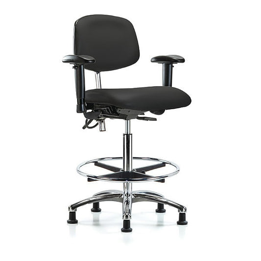 Blue Ridge Ergonomics NECR-HBCH-CR-T1-A1-CF-EG-ESDBLK Class 100 Vinyl Clean Room/ESD Chair - High Bench Height with Seat Tilt, Adjustable Arms, Chrome Foot Ring, & ESD Stationary Glides in Black ESD Vinyl