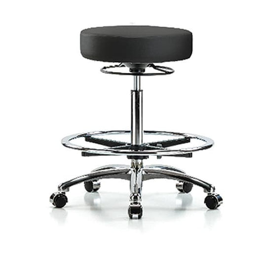 Blue Ridge Ergonomics VHBSO-CR-CF-CC-8540 Rutledge Vinyl Stool without Back Chrome - High Bench Height with Chrome Foot Ring & Casters in Black Trailblazer™ Vinyl