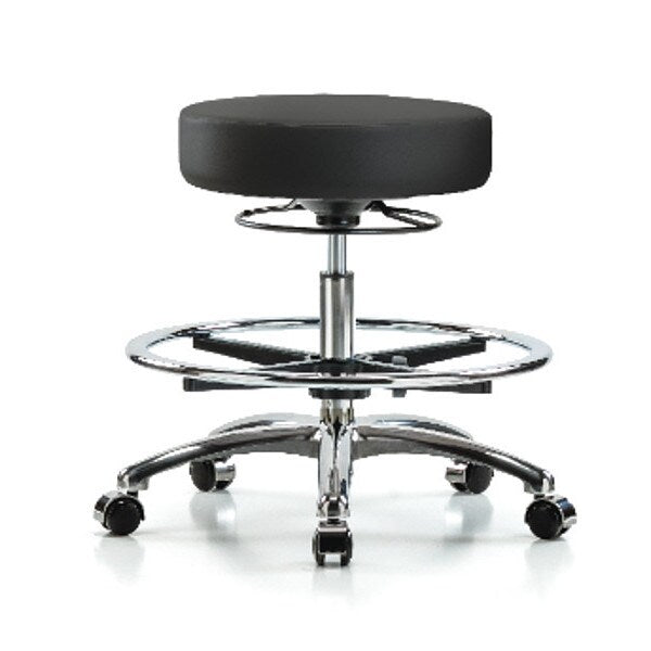 Blue Ridge Ergonomics VMBSO-CR-CF-CC-8540 Rutledge Vinyl Stool without Back Chrome - Medium Bench Height with Chrome Foot Ring & Casters in Black Trailblazer™ Vinyl