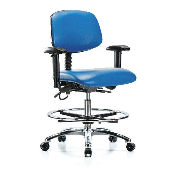 Blue Ridge Ergonomics ESD-VMBCH-CR-T0-A1-CF-EC-ESDBLU Vinyl ESD Chair - Medium Bench Height with Adjustable Arms, Chrome Foot Ring, & ESD Casters in ESD Blue Vinyl