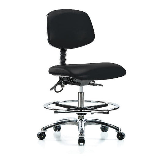Blue Ridge Ergonomics ESD-VMBCH-CR-T0-A0-CF-EC-ESDBLK Vinyl ESD Chair - Medium Bench Height with Chrome Foot Ring & ESD Casters in ESD Black Vinyl