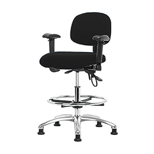 Blue Ridge Ergonomics ESD-FHBCH-CR-T1-A1-CF-EG-ESDBLK Fabric ESD Chair - High Bench Height with Seat Tilt, Adjustable Arms, Chrome Foot Ring, & ESD Stationary Glides in ESD Black Fabric