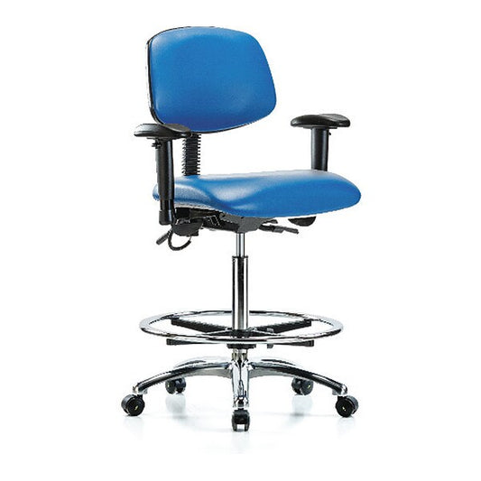 Blue Ridge Ergonomics ESD-VHBCH-CR-T1-A1-CF-EC-ESDBLU Vinyl ESD Chair - High Bench Height with Seat Tilt, Adjustable Arms, Chrome Foot Ring, & ESD Casters in ESD Blue Vinyl