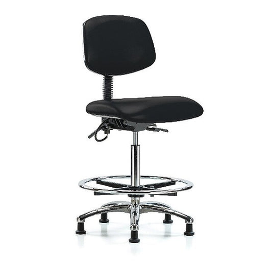 Blue Ridge Ergonomics ESD-VHBCH-CR-T1-A0-CF-EG-ESDBLK Vinyl ESD Chair - High Bench Height with Seat Tilt, Chrome Foot Ring, & ESD Stationary Glides in ESD Black Vinyl