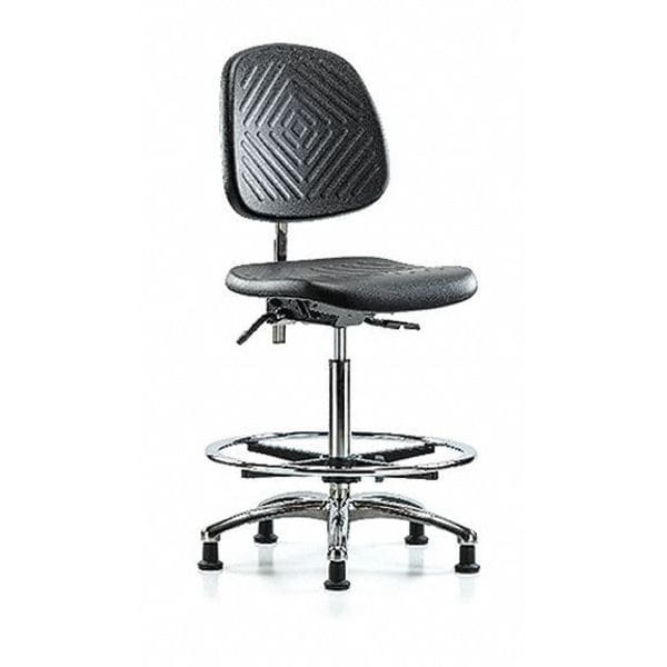 Blue Ridge Ergonomics NCR-PHBCH-MB-CR-T1-A0-CF-RG-BLK Class 100 Polyurethane Clean Room Chair - High Bench Height with Medium Back, Seat Tilt, Chrome Foot Ring, & Stationary Glides in Black Polyurethane