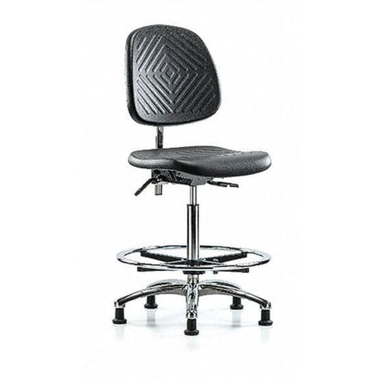 Blue Ridge Ergonomics NCR-PHBCH-MB-CR-T1-A0-CF-RG-BLK Class 100 Polyurethane Clean Room Chair - High Bench Height with Medium Back, Seat Tilt, Chrome Foot Ring, & Stationary Glides in Black Polyurethane