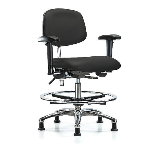 Blue Ridge Ergonomics NCR-VMBCH-CR-T0-A1-CF-RG-8540 Class 100 Vinyl Clean Room Chair - Medium Bench Height with Adjustable Arms, Chrome Foot Ring, & Stationary Glides in Black Trailblazer™ Vinyl