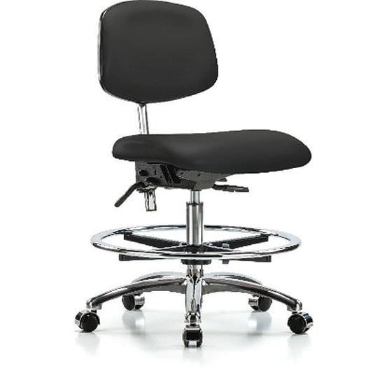 Blue Ridge Ergonomics NCR-VMBCH-CR-T0-A0-CF-CC-8540 Class 100 Vinyl Clean Room Chair - Medium Bench Height with Chrome Foot Ring & Casters in Black Trailblazer™ Vinyl