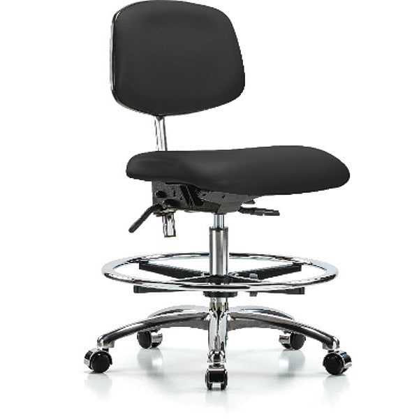 Blue Ridge Ergonomics NCR-VMBCH-CR-T1-A0-CF-CC-8540 Class 100 Vinyl Clean Room Chair - Medium Bench Height with Seat Tilt, Chrome Foot Ring, & Casters in Black Trailblazer™ Vinyl