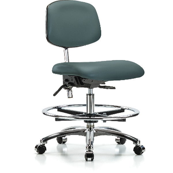 Blue Ridge Ergonomics NCR-VMBCH-CR-T1-A0-CF-CC-8546 Class 100 Vinyl Clean Room Chair - Medium Bench Height with Seat Tilt, Chrome Foot Ring, & Casters in Colonial Blue Trailblazer™ Vinyl