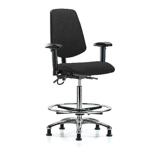 Blue Ridge Ergonomics ESD-FHBCH-MB-CR-T1-A1-CF-EG-ESDBLK Fabric ESD Chair - High Bench Height with Medium Back, Seat Tilt, Adjustable Arms, Chrome Foot Ring, & ESD Stationary Glides in ESD Black Fabric