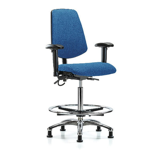 Blue Ridge Ergonomics ESD-FHBCH-MB-CR-T0-A1-CF-EG-ESDBLU Fabric ESD Chair - High Bench Height with Medium Back, Adjustable Arms, Chrome Foot Ring, & ESD Stationary Glides in ESD Blue Fabric