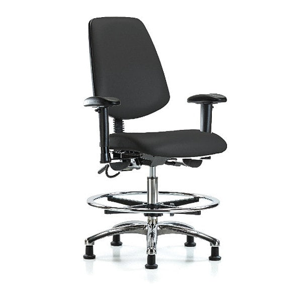 Blue Ridge Ergonomics ESD-VMBCH-MB-CR-T0-A1-CF-EG-ESDBLK Vinyl ESD Chair - Medium Bench Height with Medium Back, Adjustable Arms, Chrome Foot Ring, & ESD Stationary Glides in ESD Black Vinyl