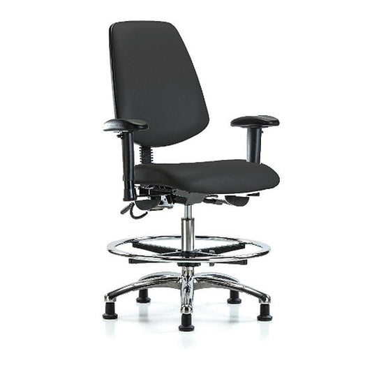 Blue Ridge Ergonomics ESD-VMBCH-MB-CR-T0-A1-CF-EG-ESDBLK Vinyl ESD Chair - Medium Bench Height with Medium Back, Adjustable Arms, Chrome Foot Ring, & ESD Stationary Glides in ESD Black Vinyl