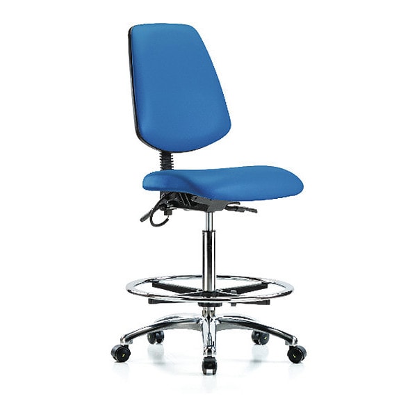 Blue Ridge Ergonomics ESD-VHBCH-MB-CR-T0-A0-CF-EC-ESDBLU Vinyl ESD Chair - High Bench Height with Medium Back, Chrome Foot Ring, & ESD Casters in ESD Blue Vinyl