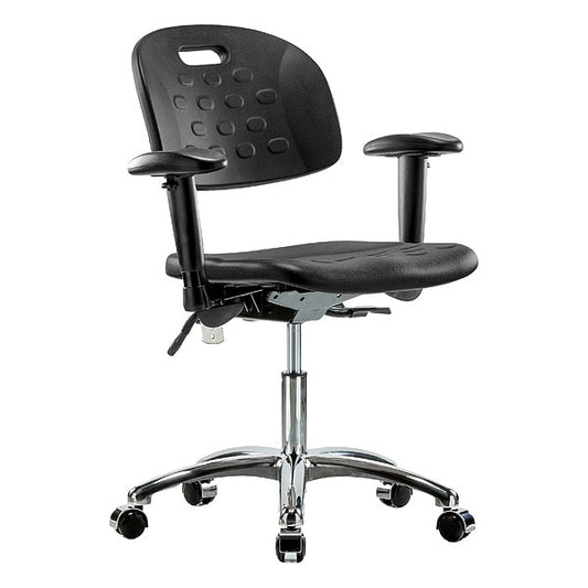 Blue Ridge Ergonomics CLR-HPDHCH-CR-T0-A1-CC-BLK Class 100 Newport Industrial Polyurethane Clean Room Chair - Desk Height with Adjustable Arms & Casters in Black Polyurethane