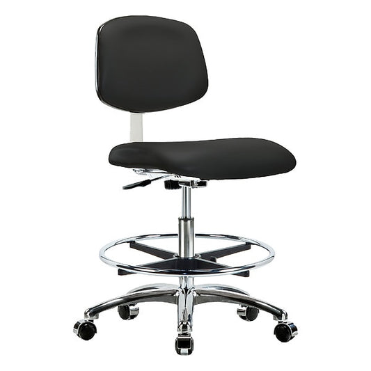 Blue Ridge Ergonomics CLR-VMBCH-CR-CF-CC-8540 Class 10 Clean Room Vinyl Chair Chrome - Medium Bench Height with Chrome Foot Ring & Casters in Black Trailblazer™ Vinyl