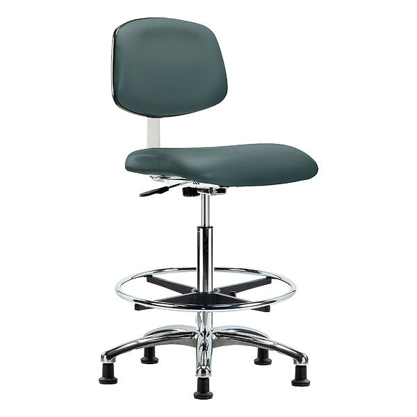 Blue Ridge Ergonomics CLR-VHBCH-CR-CF-RG-8546 Class 10 Clean Room Vinyl Chair Chrome - High Bench Height with Chrome Foot Ring & Stationary Glides in Colonial Blue Trailblazer™ Vinyl