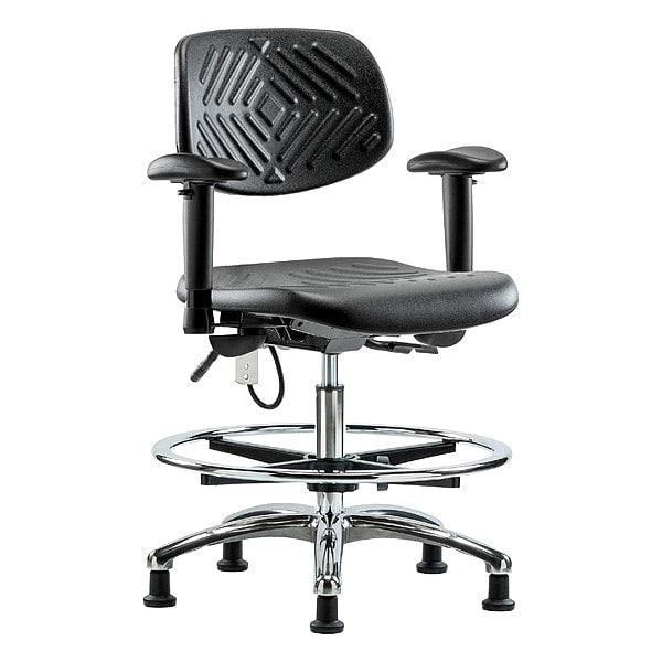 Blue Ridge Ergonomics ESD-PMBCH-CR-T0-A1-CF-EG Polyurethane ESD Chair - Medium Bench Height with Chrome Foot Ring, Adjustable Arms, & ESD Stationary Glides