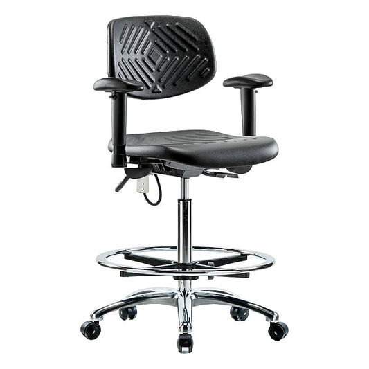 Blue Ridge Ergonomics ESD-PHBCH-CR-T0-A1-CF-EC Polyurethane ESD Chair - High Bench Height with Chrome Foot Ring, Adjustable Arms, & ESD Casters
