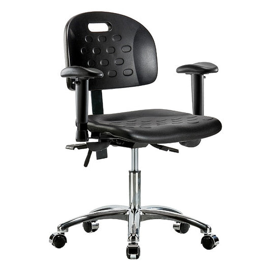 Blue Ridge Ergonomics HPDHCH-CR-T0-A1-CC-BLK Newport Industrial Polyurethane Chair Chrome - Desk Height with Adjustable Arms & Casters in Black Polyurethane
