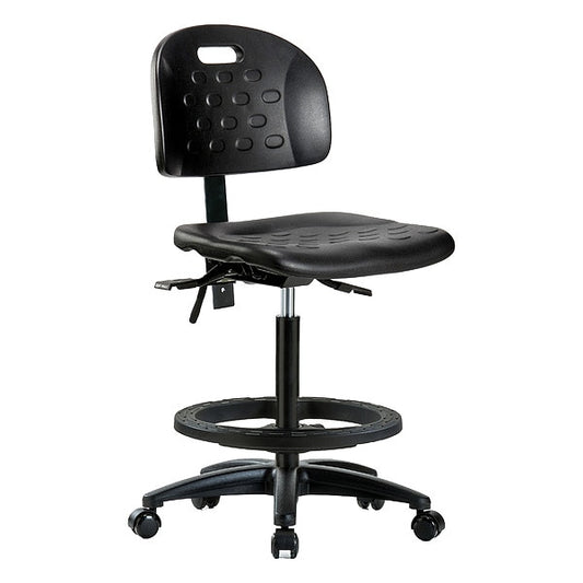 Blue Ridge Ergonomics HPHBCH-RG-T1-A0-BF-RC-BLK Newport Industrial Polyurethane Chair - High Bench Height with Seat Tilt, Black Foot Ring, & Casters in Black Polyurethane