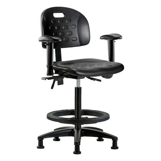 Blue Ridge Ergonomics HPHBCH-RG-T1-A1-BF-RG-BLK Newport Industrial Polyurethane Chair - High Bench Height with Seat Tilt, Adjustable Arms, Black Foot Ring, & Stationary Glides in Black Polyurethane