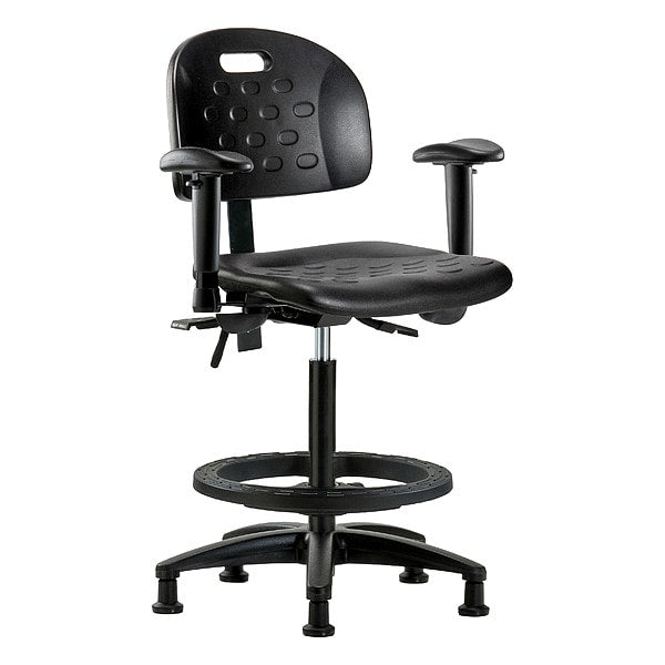 Blue Ridge Ergonomics HPHBCH-RG-T0-A1-BF-RG-BLK Newport Industrial Polyurethane Chair - High Bench Height with Adjustable Arms, Black Foot Ring, & Stationary Glides in Black Polyurethane