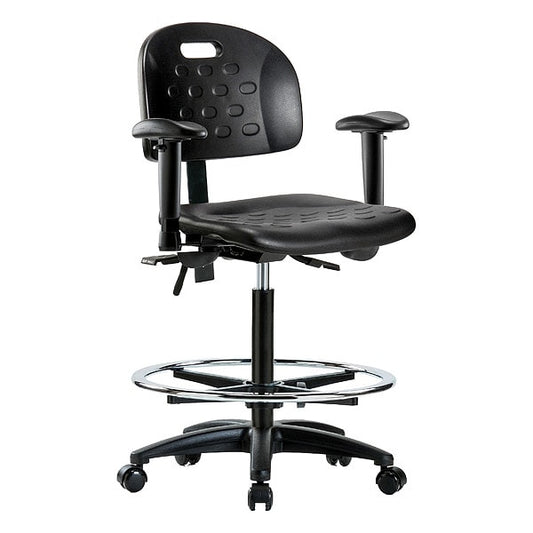 Blue Ridge Ergonomics HPHBCH-RG-T0-A1-CF-RC-BLK Newport Industrial Polyurethane Chair - High Bench Height with Adjustable Arms, Chrome Foot Ring, & Casters in Black Polyurethane