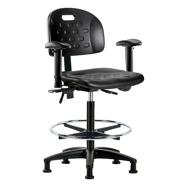 Blue Ridge Ergonomics HPHBCH-RG-T0-A1-CF-RG-BLK Newport Industrial Polyurethane Chair - High Bench Height with Adjustable Arms, Chrome Foot Ring, & Stationary Glides in Black Polyurethane