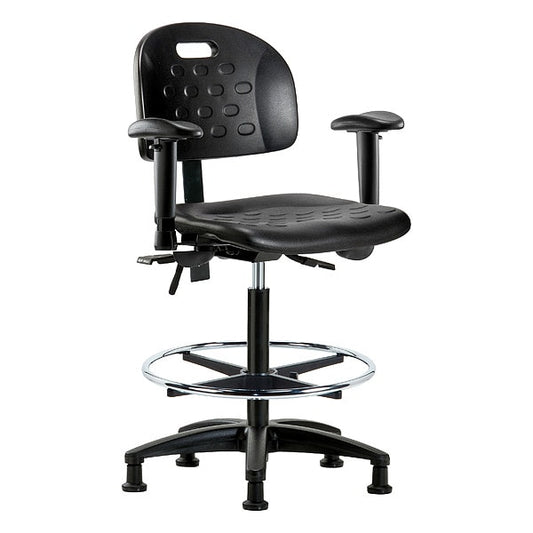Blue Ridge Ergonomics HPHBCH-RG-T0-A1-CF-RG-BLK Newport Industrial Polyurethane Chair - High Bench Height with Adjustable Arms, Chrome Foot Ring, & Stationary Glides in Black Polyurethane