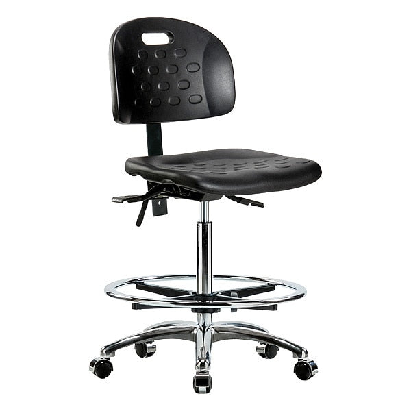 Blue Ridge Ergonomics HPHBCH-CR-T1-A0-CF-CC-BLK Newport Industrial Polyurethane Chair Chrome - High Bench Height with Seat Tilt, Chrome Foot Ring, & Casters in Black Polyurethane