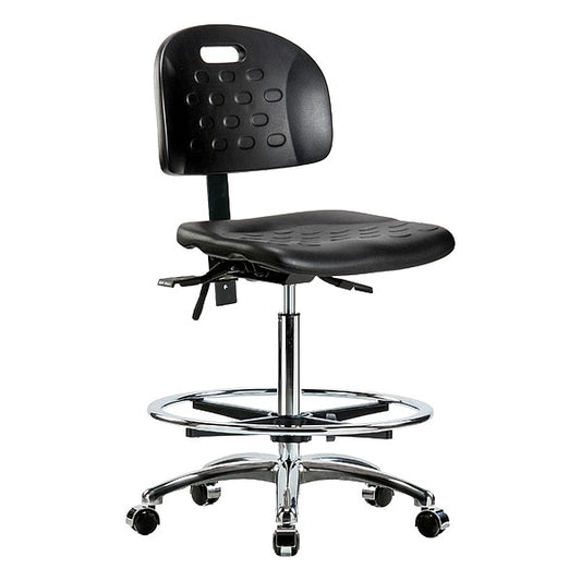 Blue Ridge Ergonomics HPHBCH-CR-T1-A0-CF-CC-BLK Newport Industrial Polyurethane Chair Chrome - High Bench Height with Seat Tilt, Chrome Foot Ring, & Casters in Black Polyurethane
