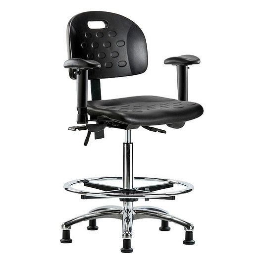 Blue Ridge Ergonomics HPHBCH-CR-T1-A1-CF-RG-BLK Newport Industrial Polyurethane Chair Chrome - High Bench Height with Seat Tilt, Adjustable Arms, Chrome Foot Ring, & Stationary Glides in Black Polyurethane