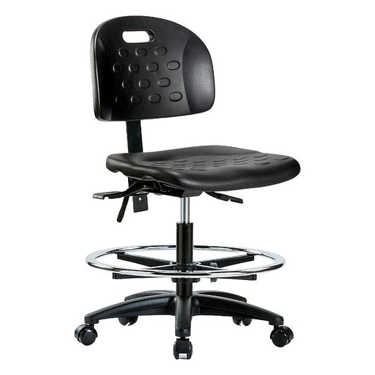 Blue Ridge Ergonomics HPMBCH-RG-T1-A0-CF-RC-BLK Newport Industrial Polyurethane Chair - Medium Bench Height with Seat Tilt, Chrome Foot Ring, & Casters in Black Polyurethane