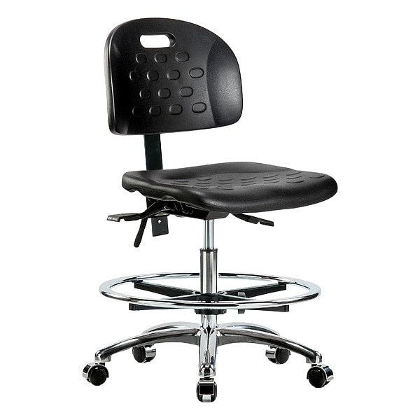 Blue Ridge Ergonomics HPMBCH-CR-T1-A0-CF-CC-BLK Newport Industrial Polyurethane Chair Chrome - Medium Bench Height with Seat Tilt, Chrome Foot Ring, & Casters in Black Polyurethane