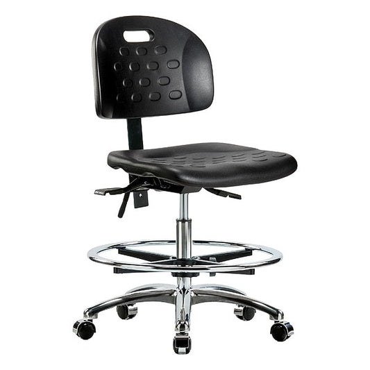 Blue Ridge Ergonomics HPMBCH-CR-T1-A0-CF-CC-BLK Newport Industrial Polyurethane Chair Chrome - Medium Bench Height with Seat Tilt, Chrome Foot Ring, & Casters in Black Polyurethane