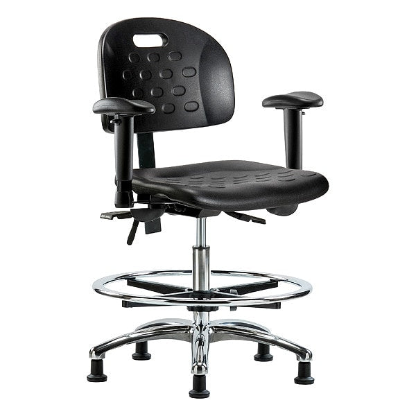 Blue Ridge Ergonomics HPMBCH-CR-T0-A1-CF-RG-BLK Newport Industrial Polyurethane Chair Chrome - Medium Bench Height with Adjustable Arms, Chrome Foot Ring, & Stationary Glides in Black Polyurethane