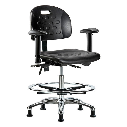 Blue Ridge Ergonomics HPMBCH-CR-T0-A1-CF-RG-BLK Newport Industrial Polyurethane Chair Chrome - Medium Bench Height with Adjustable Arms, Chrome Foot Ring, & Stationary Glides in Black Polyurethane