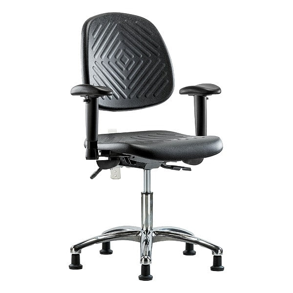 Blue Ridge Ergonomics NCR-PDHCH-MB-CR-T0-A1-RG-BLK Class 100 Polyurethane Clean Room Chair - Desk Height with Medium Back, Adjustable Arms, & Stationary Glides in Black Polyurethane