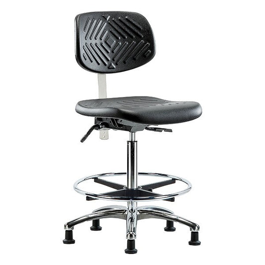 Blue Ridge Ergonomics NCR-PHBCH-CR-T0-A0-CF-RG-BLK Class 10 Polyurethane Clean Room Chair - High Bench Height with Chrome Foot Ring & Stationary Glides in Black Polyurethane
