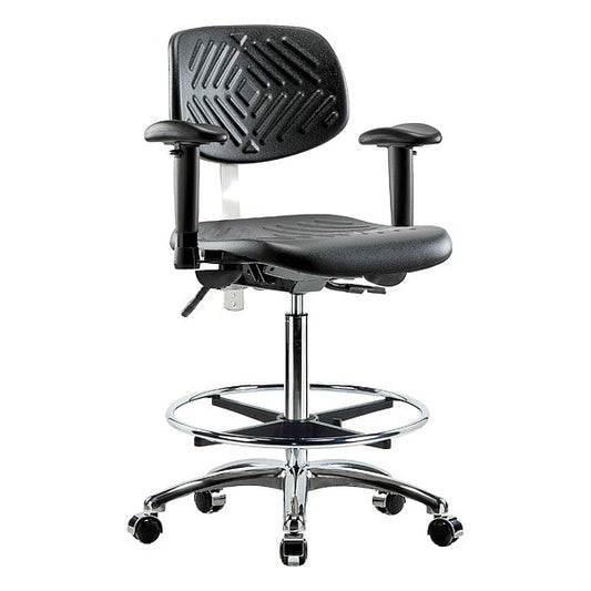 Blue Ridge Ergonomics NCR-PHBCH-CR-T1-A1-CF-CC-BLK Class 100 Polyurethane Clean Room Chair - High Bench Height with Seat Tilt, Adjustable Arms, Chrome Foot Ring, & Casters in Black Polyurethane
