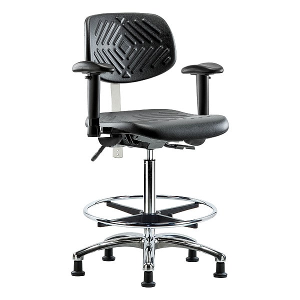Blue Ridge Ergonomics NCR-PHBCH-CR-T1-A1-CF-RG-BLK Class 100 Polyurethane Clean Room Chair - High Bench Height with Seat Tilt, Adjustable Arms, Chrome Foot Ring, & Stationary Glides in Black Polyurethane